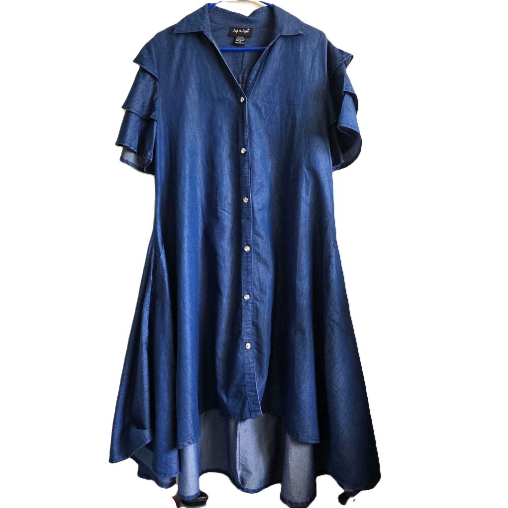 Step In Style Denim Dress M Blue Chambray Tiered Ruffle Sleeve High Low Boho - Picture 2 of 8